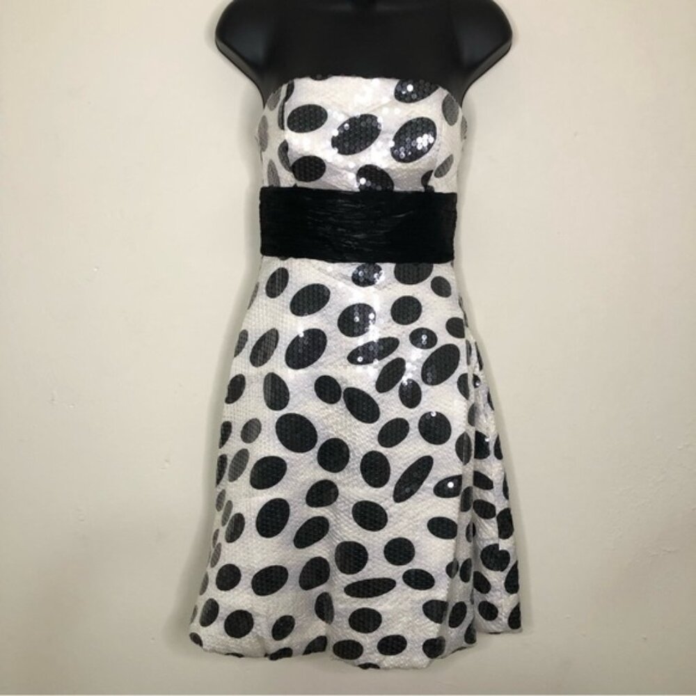 La Femme Polka Dot Sequined A-Line Short Dress - Black & White - Size 0 NWT